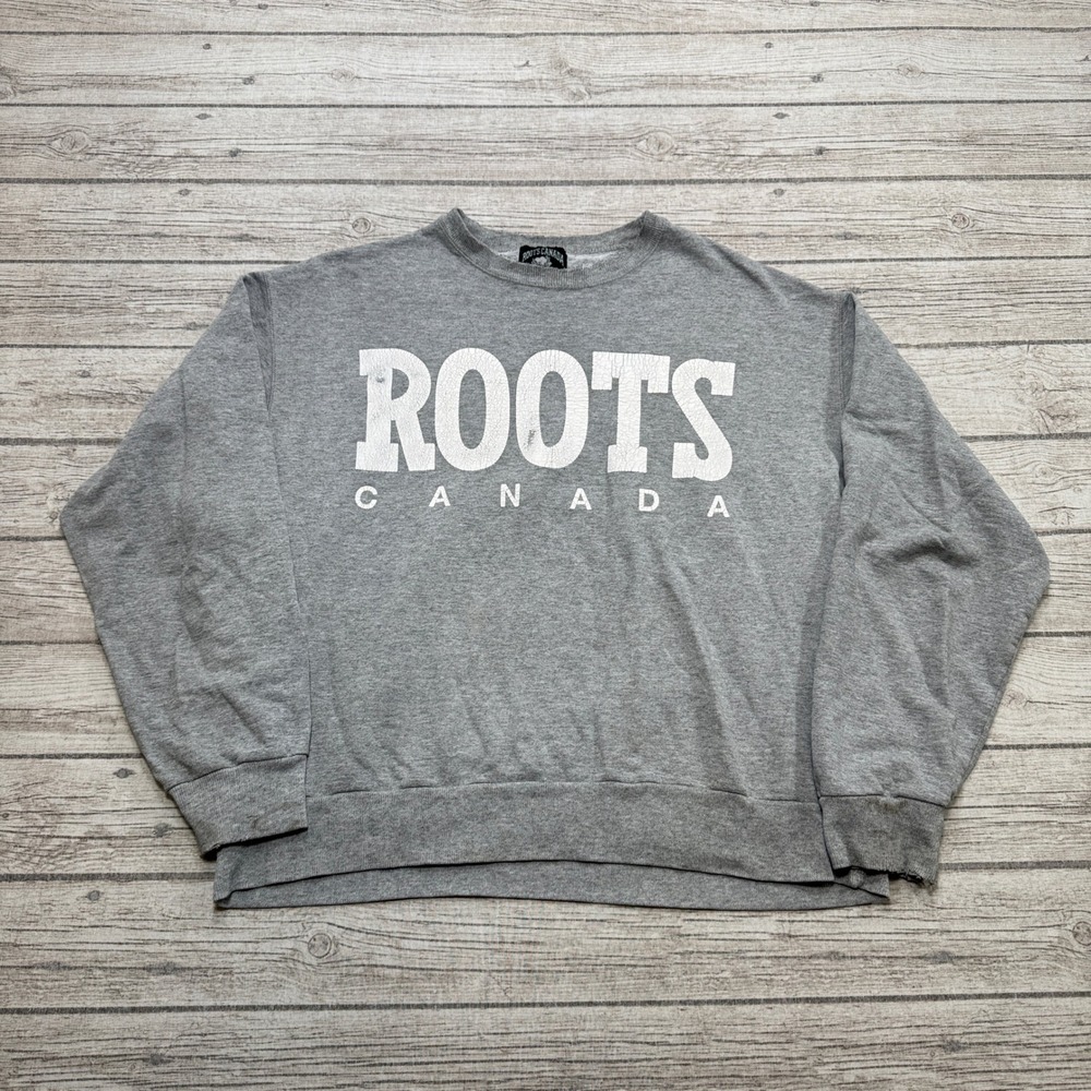 Roots Canada Sweatshirt Men's XL Gray Fleece Lined Crewneck Pullover Distressed